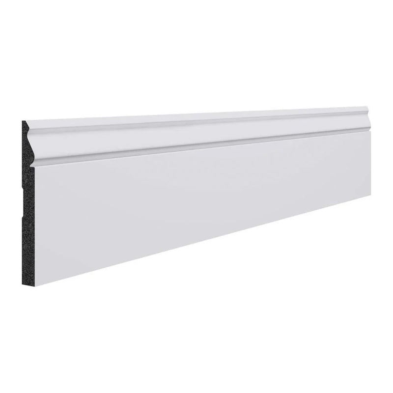 White baseboard molding with textured backing for SPC and luxury vinyl flooring installations