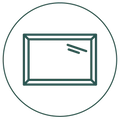 Simple line icon of a rectangular frame with diagonal lines, enclosed in a circle