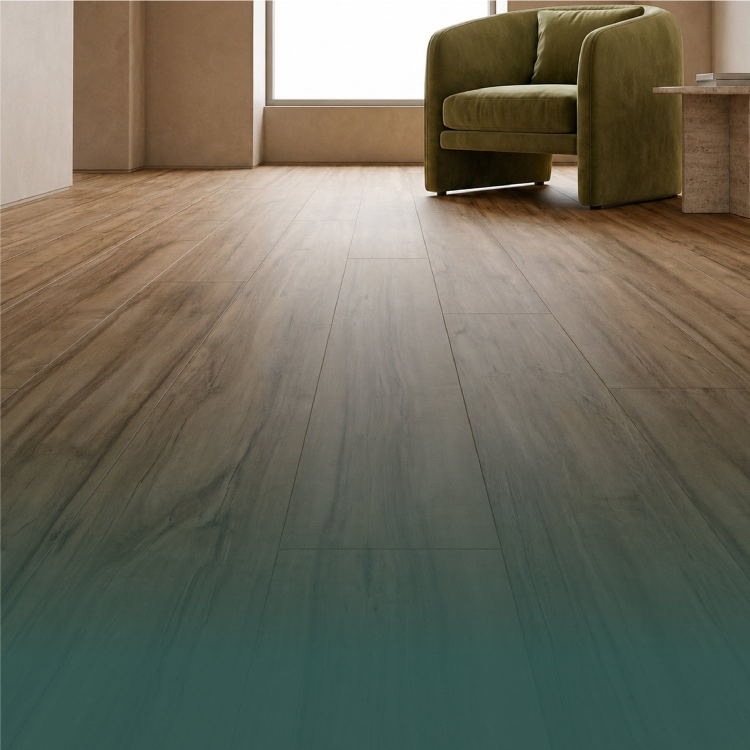 Luxury vinyl flooring with wood grain texture in modern living room setting