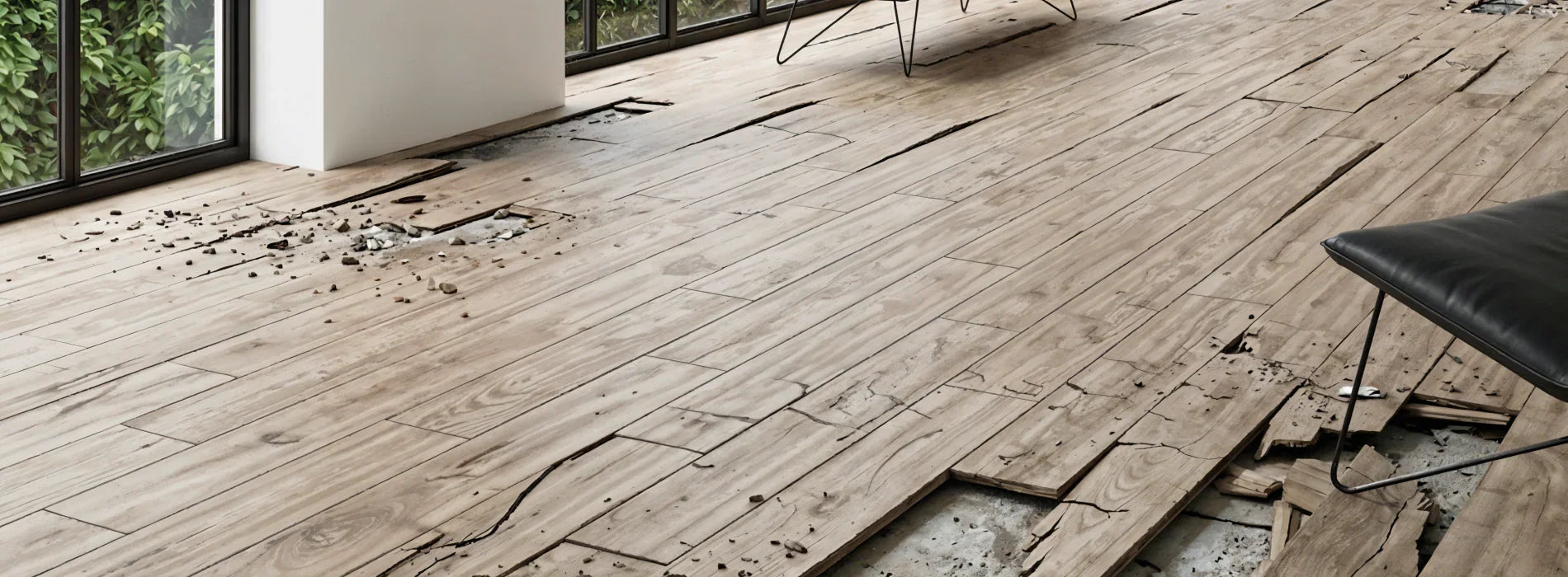 Damaged wood-look SPC flooring with cracks and broken planks in modern room