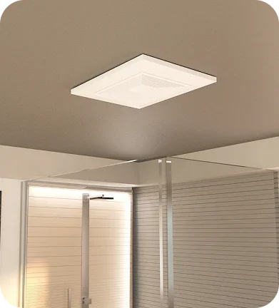 Modern square ceiling light fixture in bathroom with frosted glass and sleek design