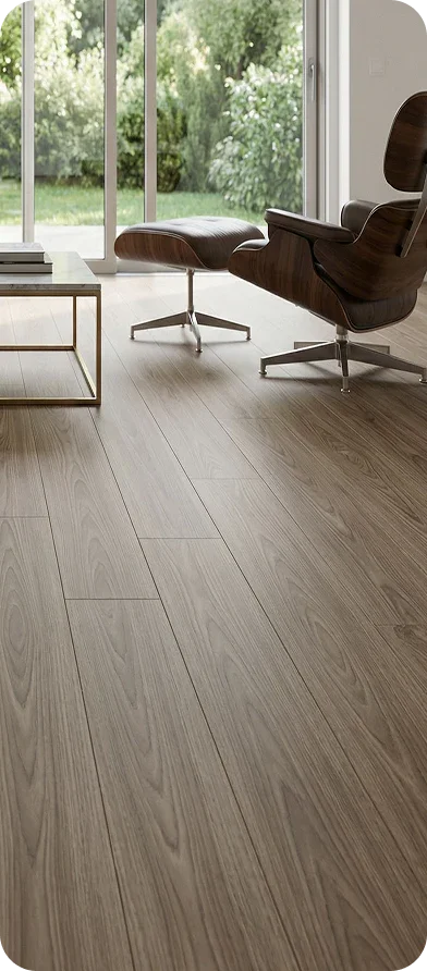 Luxury vinyl plank flooring with wood grain texture in modern living room